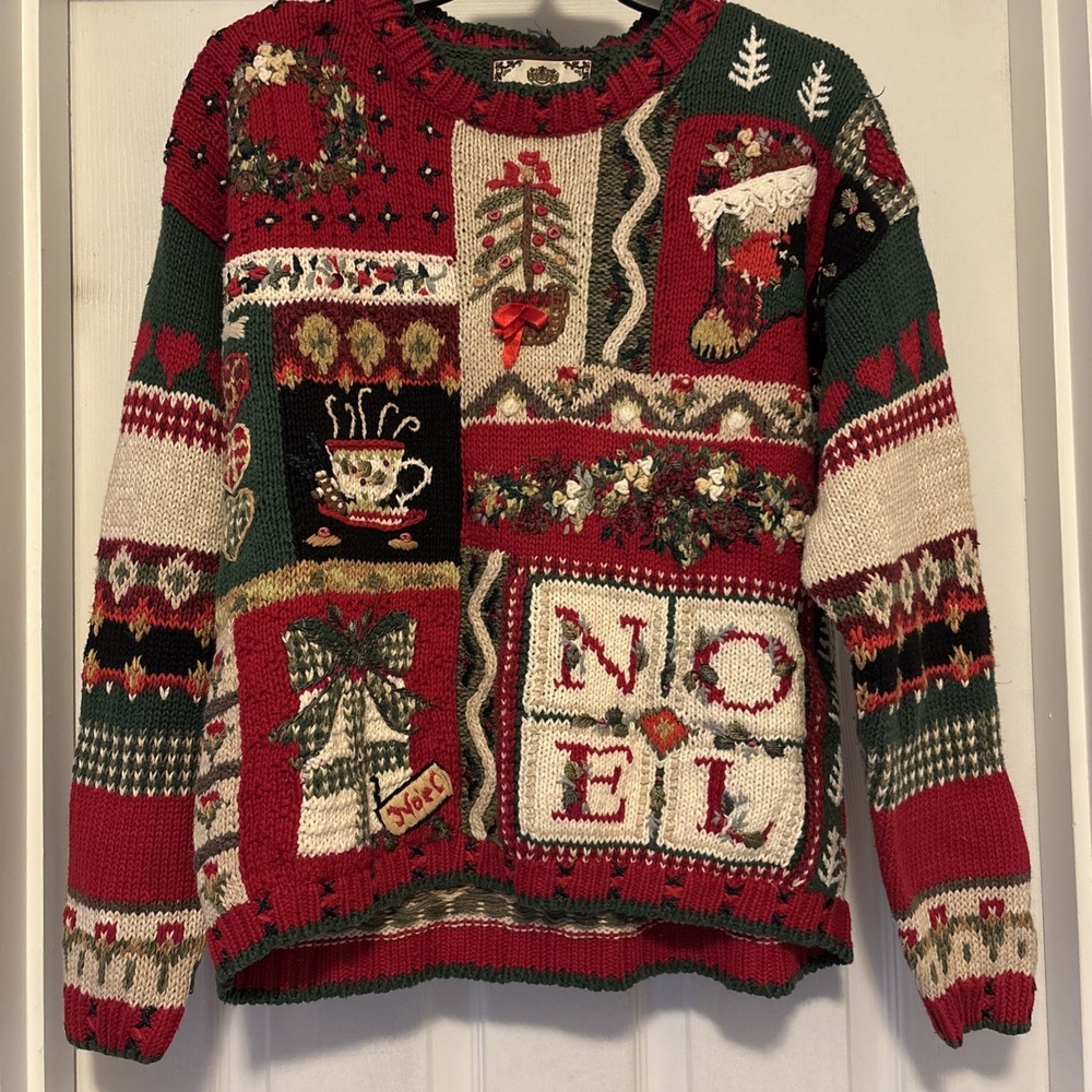 Vtg 90s Y2K Tiara International Ugly Christmas Party Sweater Chunky Knit Noel 3D